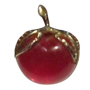 Vintage‎ (1980s) Sarah Coventry, Red Cabochon,Round Gold Tone,(Apple Brooch Pin)